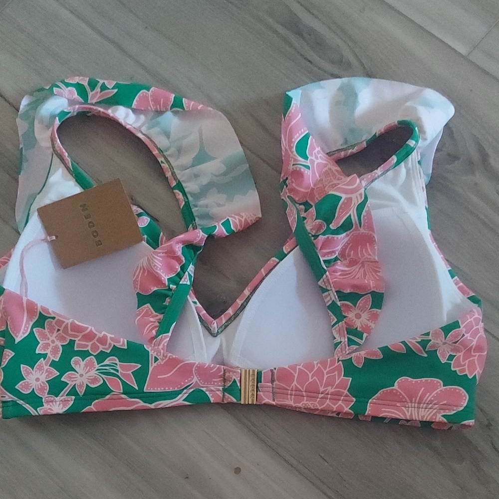 Floral Bikini Top with Pink and Green Design